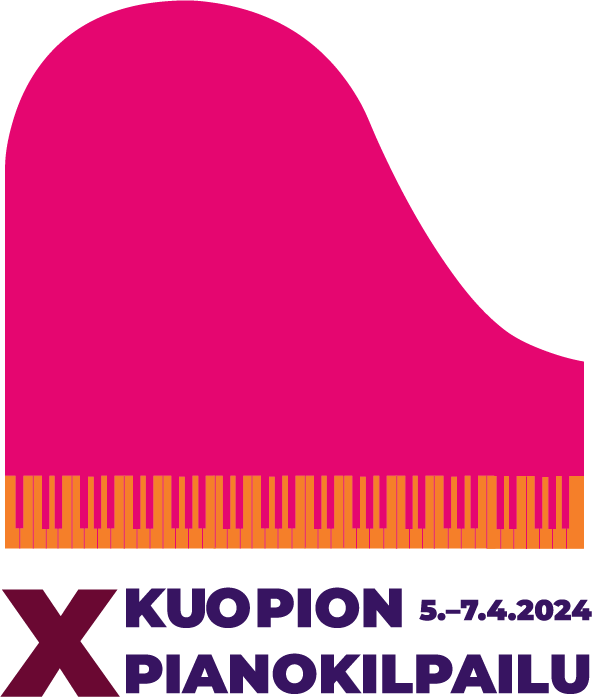Pinkki tyylitelty flyygeli, jonka koskettimet ovat oranssit. Alla teksti Kuopion X pianokilapilu 5.-7.4.2024.